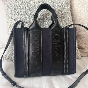 Chloe Woody Small Canvas Tote Bag Navy w/ Black Leather